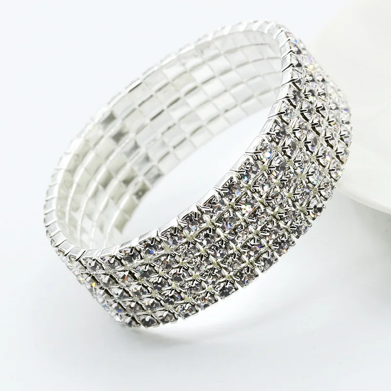 Klassisches mehrfach glänzendes Strass-Kristall-Stretch-Armband für Frauen und Mädchen, Braut, Hochzeit, elastisches Armband, Gold- und Silberfarbe – Detail 4