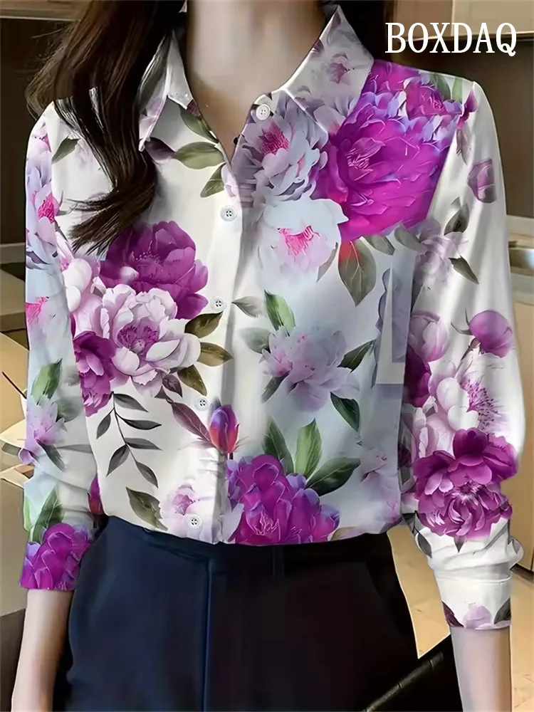 New Women's Lapel Long Sleeve Shirt Casual Loose Blouse Fashion Trend Flower Pattern Ladies Daily Outdoor Travel Clothing 2025