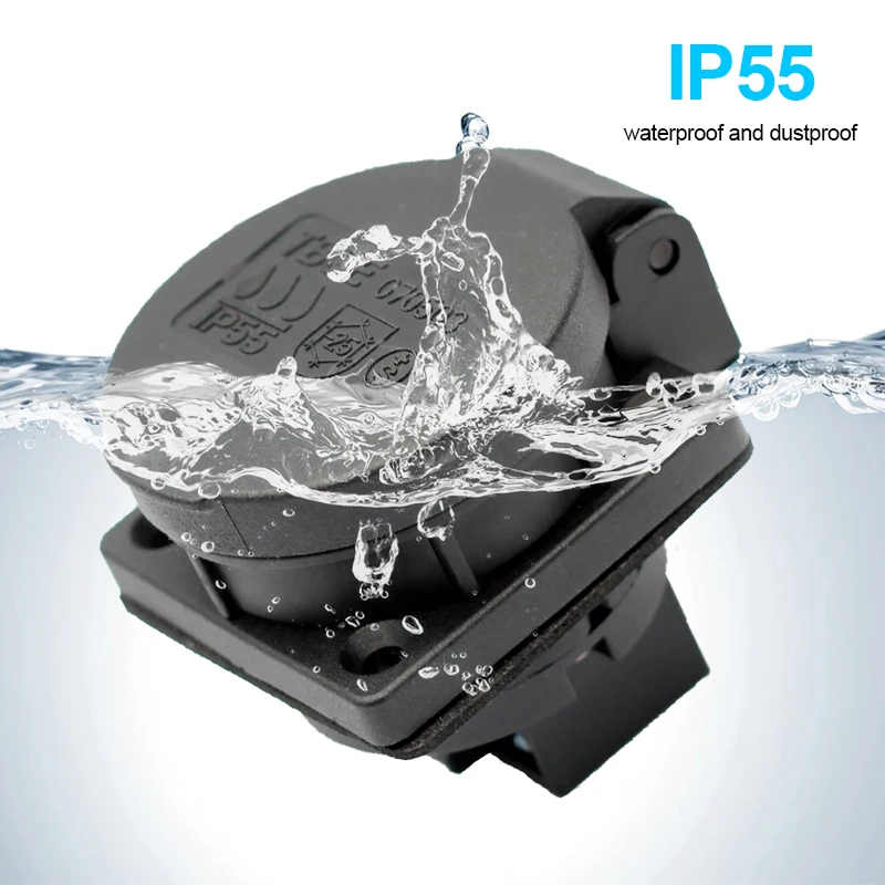 Black universal Swiss industry safety outlet 16A 250V IP55 CE cover waterproof dusrproof power connector AC power socket