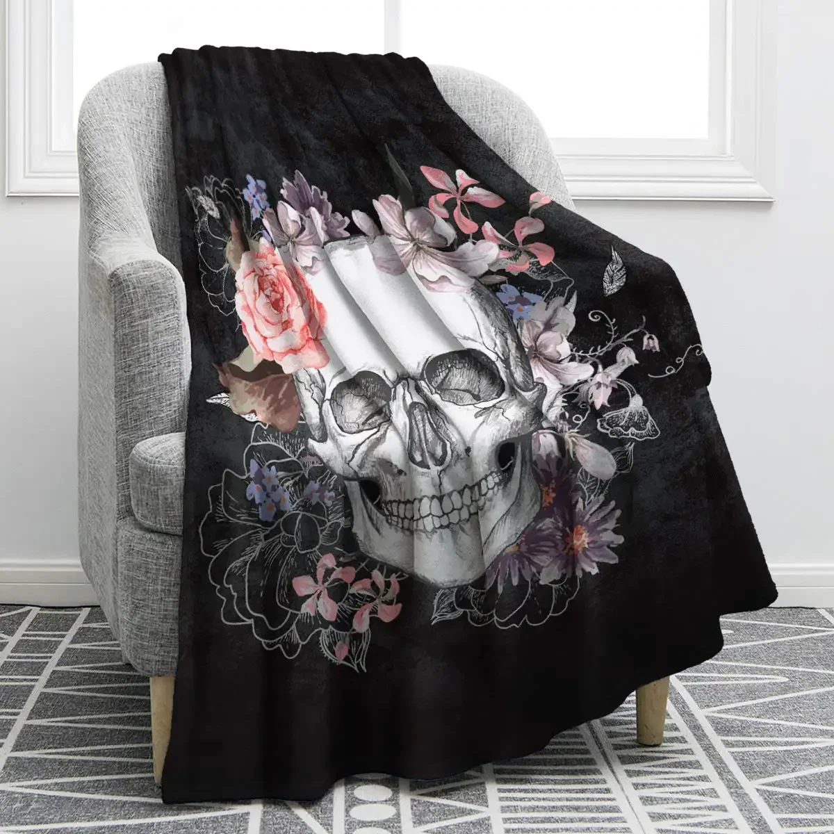Sugar Skull Blanket for Halloween Skull Rose Design Skeleton Smooth Soft Black Print Throw Blanket Gifts Sofa Chair Bed Office