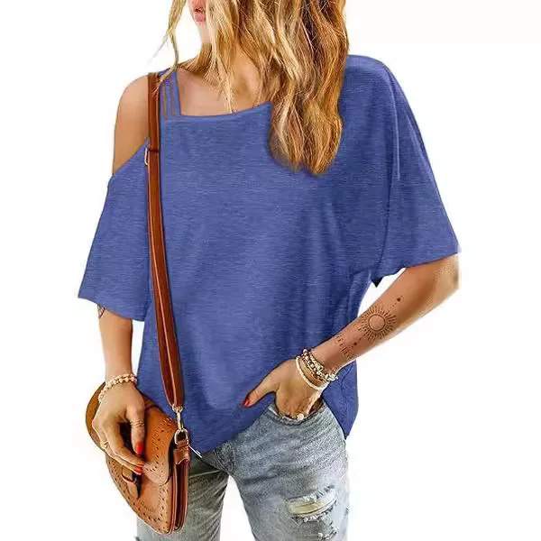 2025 camiseta de mujer de moda de verano de Color sólido nueva Casual cuello inclinado fuera del hombro desgaste suelto de manga corta Mujer ropa de calle camiseta