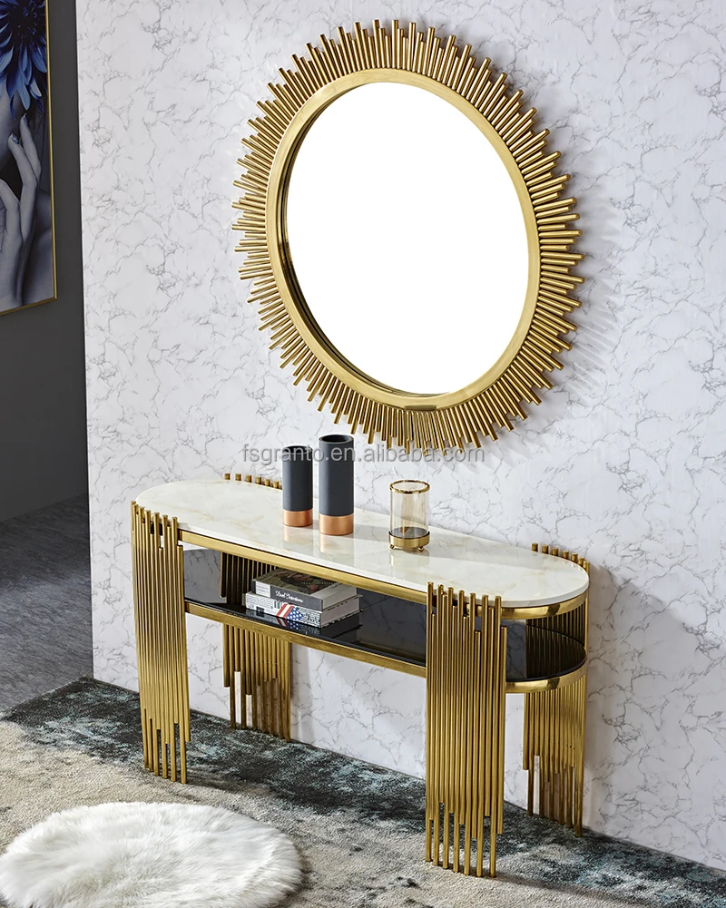 Oval console table entrance marble top stainless steel table