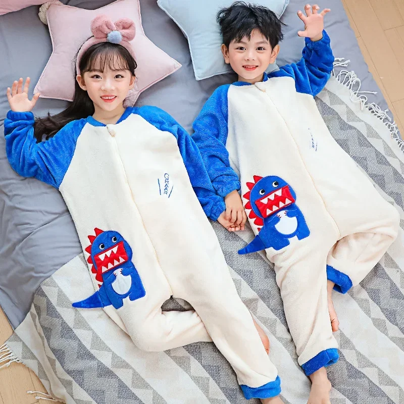 New Spring Girls Jumpsuits Pajamas Sets Boy Girl Pajamas Children Flannel Cartoon Frog Dinosaur Kids Sleepwear Twins Home Suit