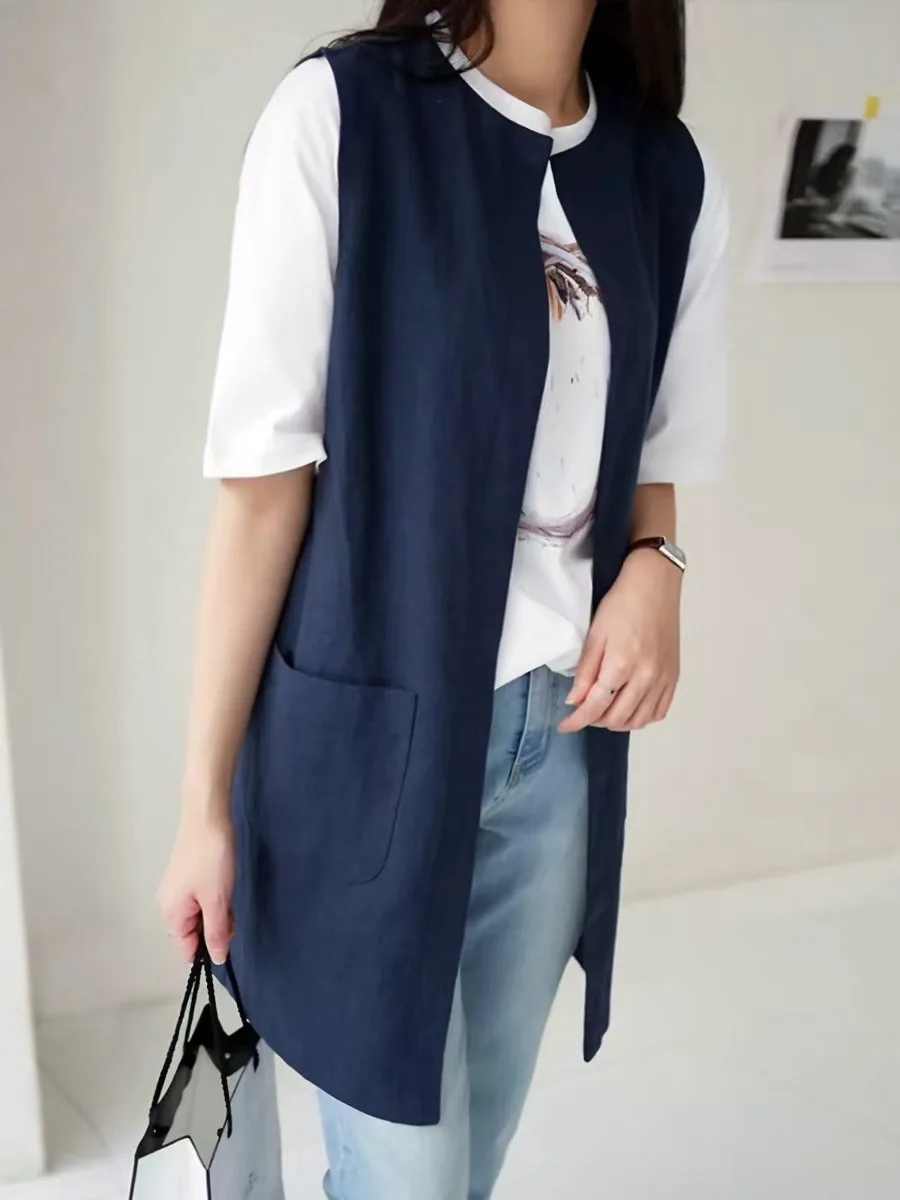 Authentic Cotton Linen Vest Women's Mid-Length Sleeveless Open Cardigan Outerwear Versatile Style No-Button Closure