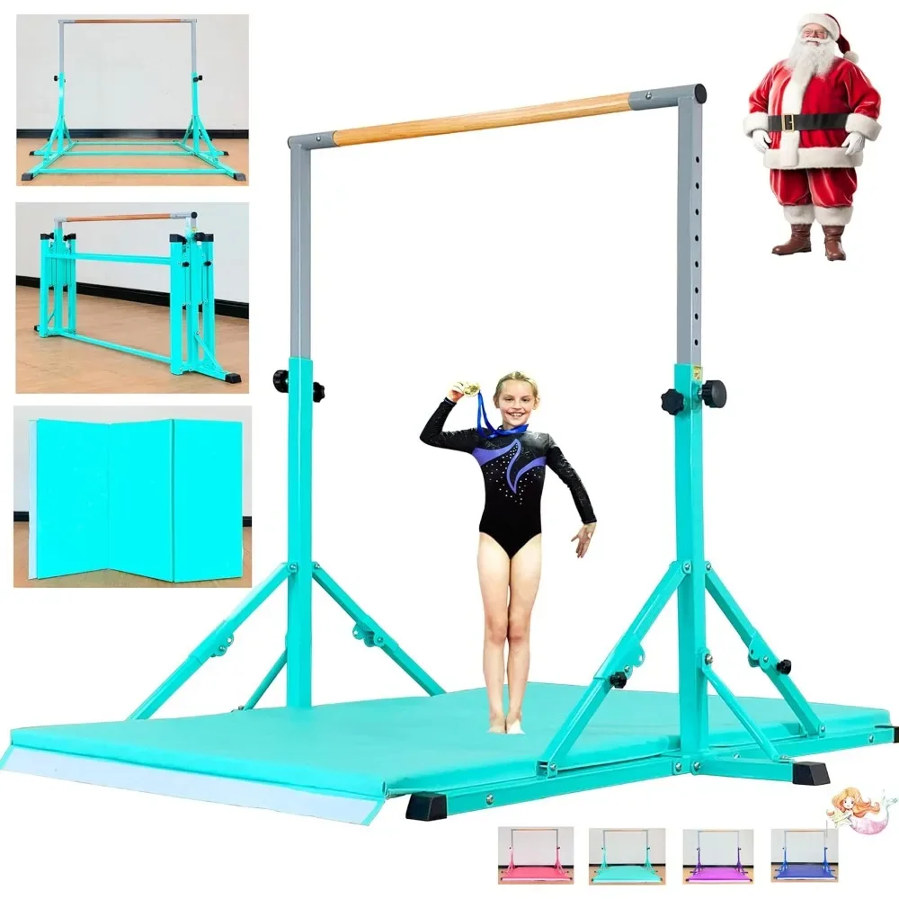 Gymnastic pole for children and teens ages 3-25, 5ft/6ft underbody length, 5ft/6ft height, gymnast horizontal bar,Cyan