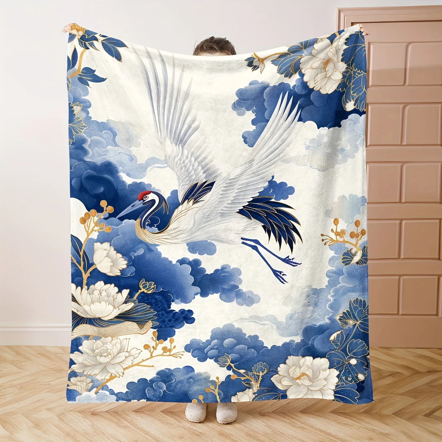 1pc /Korean-Inspired Crane & Cherry Blossom Flannel Blanket - Soft Blue Beige White with Navy Crane Print, Lightweight All-Seaso
