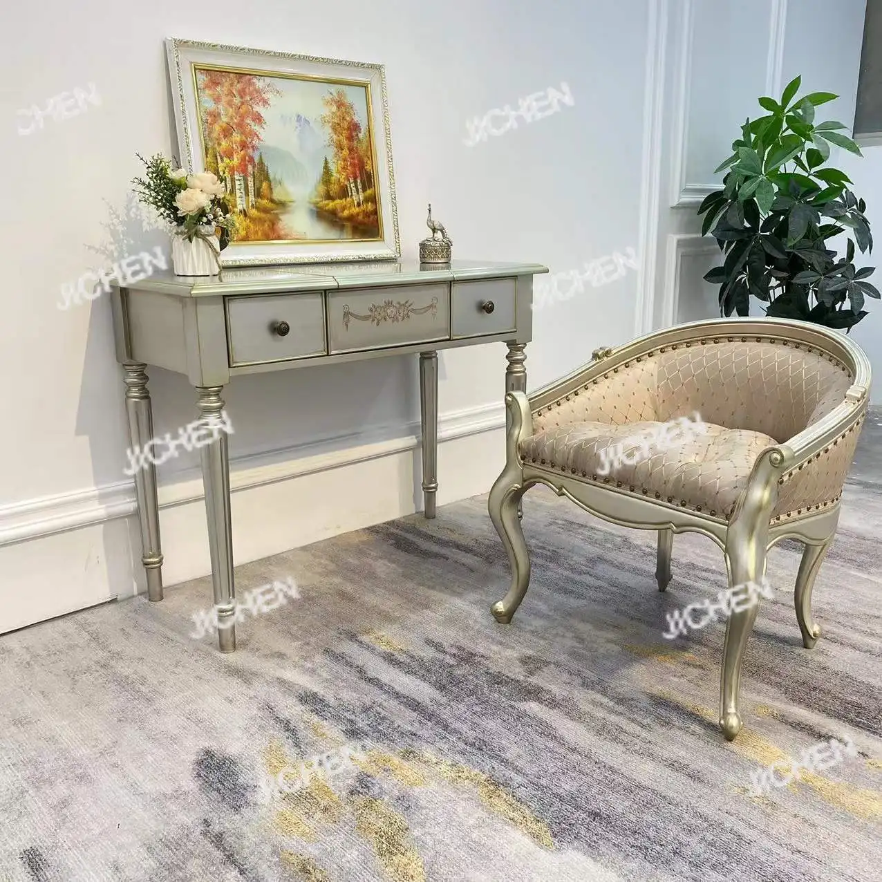 

Dresser bedroom wall small apartment dressing table European solid wood carving flower dressing table makeup mirror combination