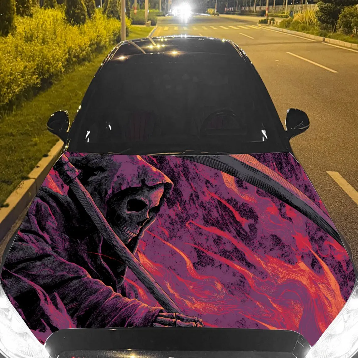 

Car Decal Reaper with Scythe in Fiery Purple & Black Motif - Edgy Dark Fantasy Aesthetic Car Hood Sticker, Waterproof Self - Adh
