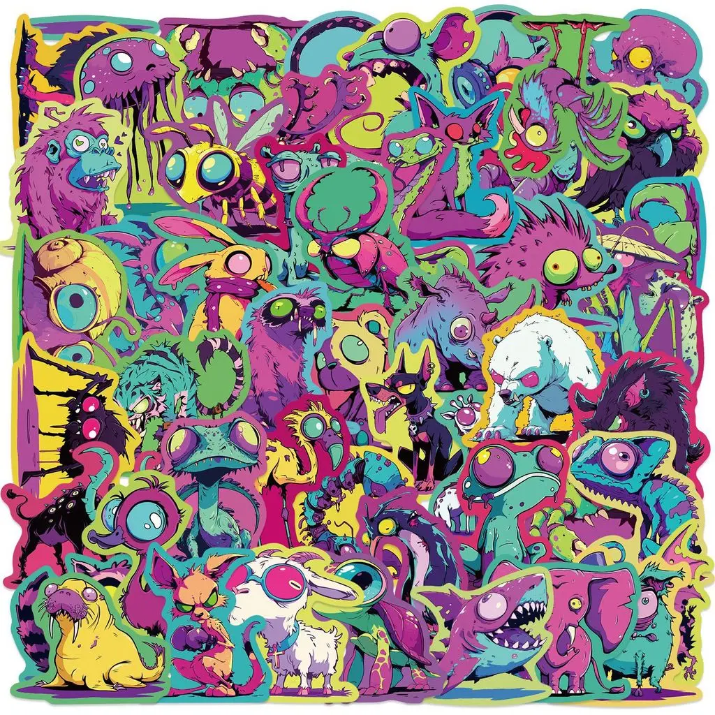

50Pcs Cartoon Weird Creature Color Edge PVC Stickers DIY Art Supplies for Phone Laptop Luggage Journal Decor Sticker Story Store