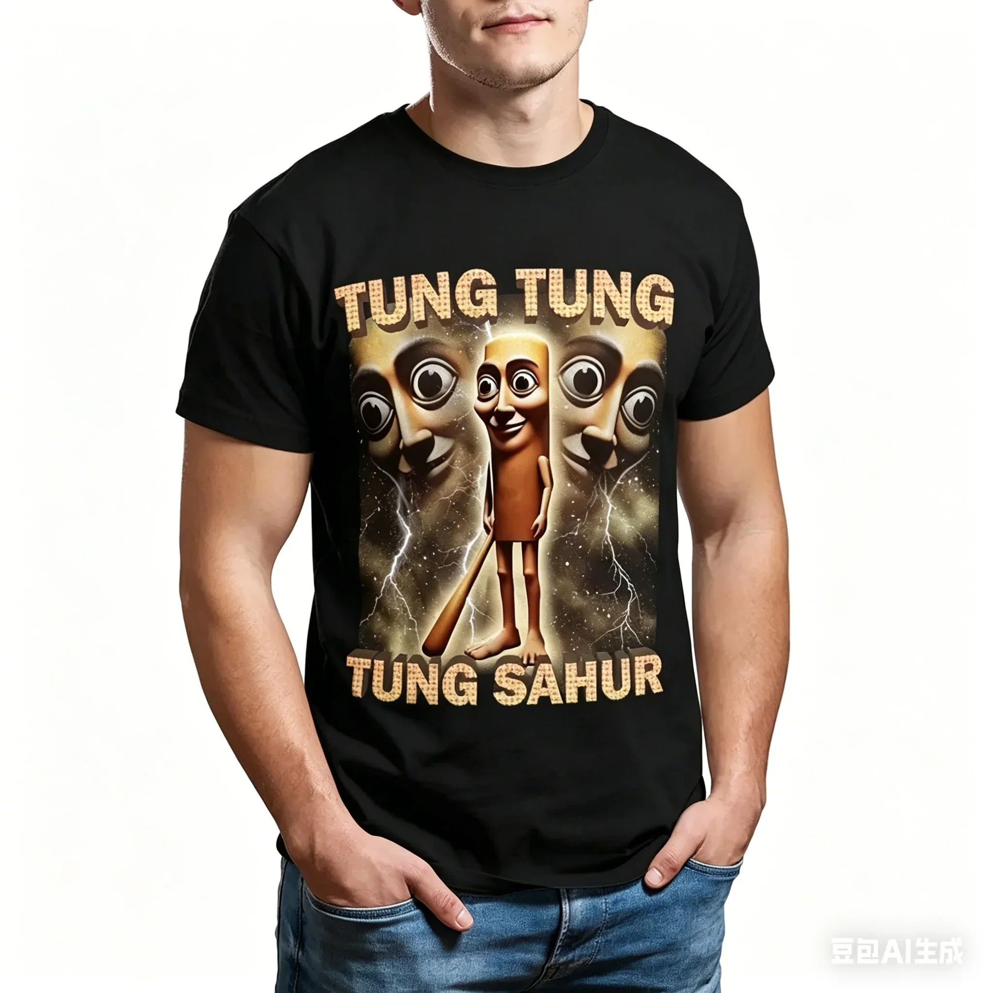 Tung Sahur Grafik-bedrucktes T-Shirt für Herren, Sommer, lässig, locker, modisch, lustig, Rundhalsausschnitt, kurzärmelig