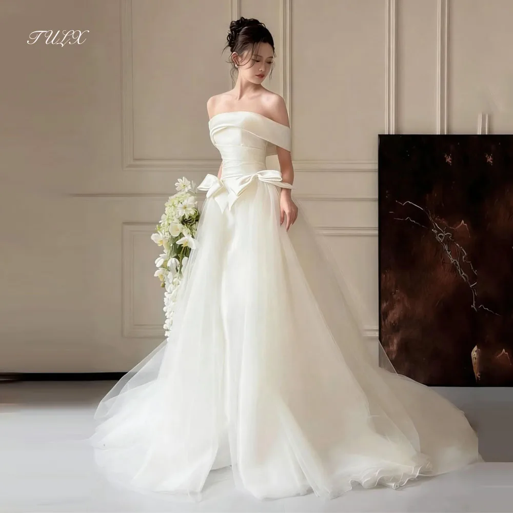 TULX Luxuriöse A-Linien-Tüll-Brautkleider Korea Fotoshooting Schulterfreies Satin-Brautkleid mit Schleife Langes Brautkleid mit Korsett Maßgeschneidert 웨딩드레스