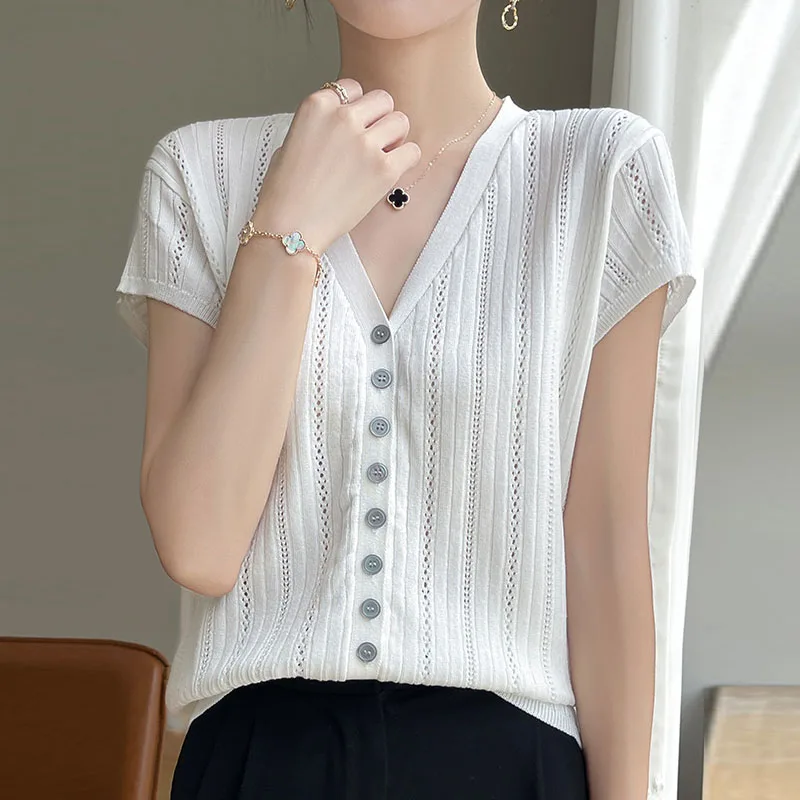 

Вязаный свитер, женские кардиганы, новый белый вязаный свитер с коротким рукавом и v-образным вырезом, кардиган, женские топы, трикотажные изделия Sueters De Mujer Q1284