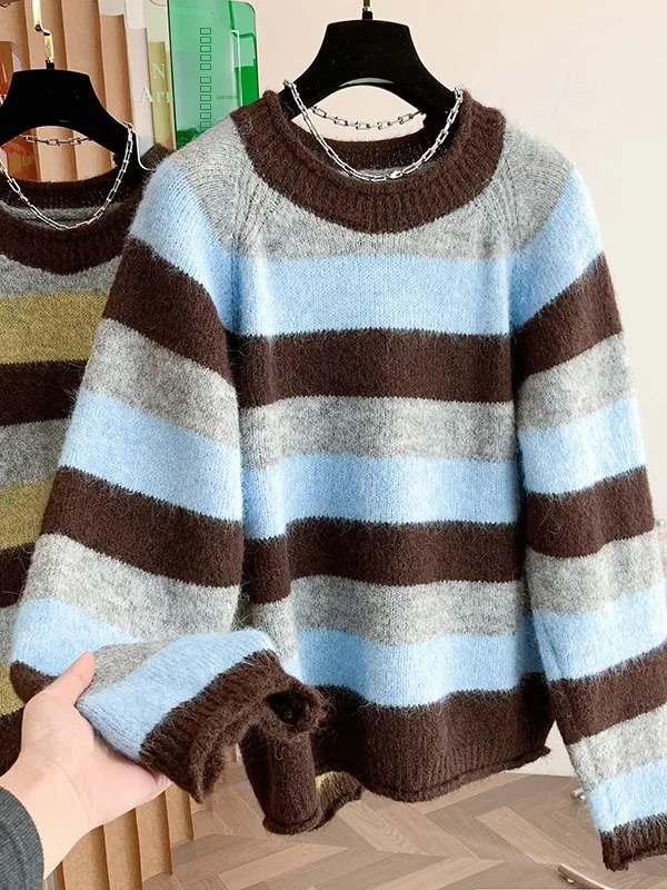 لينة Thiened المرأة سترة الرجعية مخطط اللون بلو محبوك أعلى الخريف الشتاء Faion السيدات كنزة صوفية Crewne #1