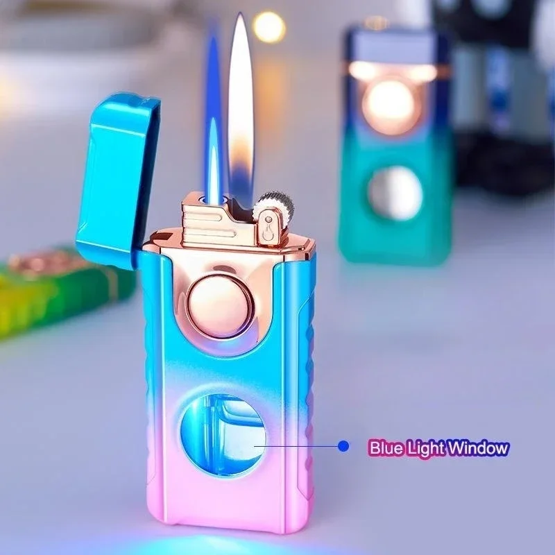 Creative Double Flame Butane Gas Lighter LED Blue Light Visual Gas Window Jet Flame Switching To Open Flame Cigar Lighters Gifts