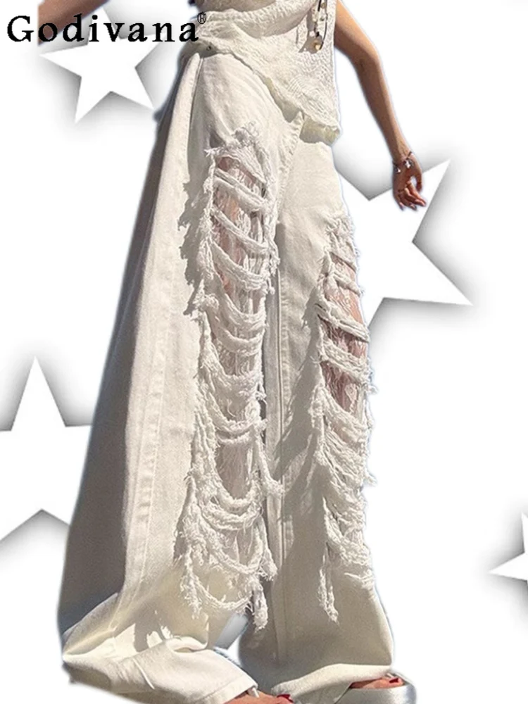 

Personality Y2k White Elegant Lace Retro Ripped Leisure Jeans Women's Summer High Waist Fashion Versatile Long Wide-leg Pants