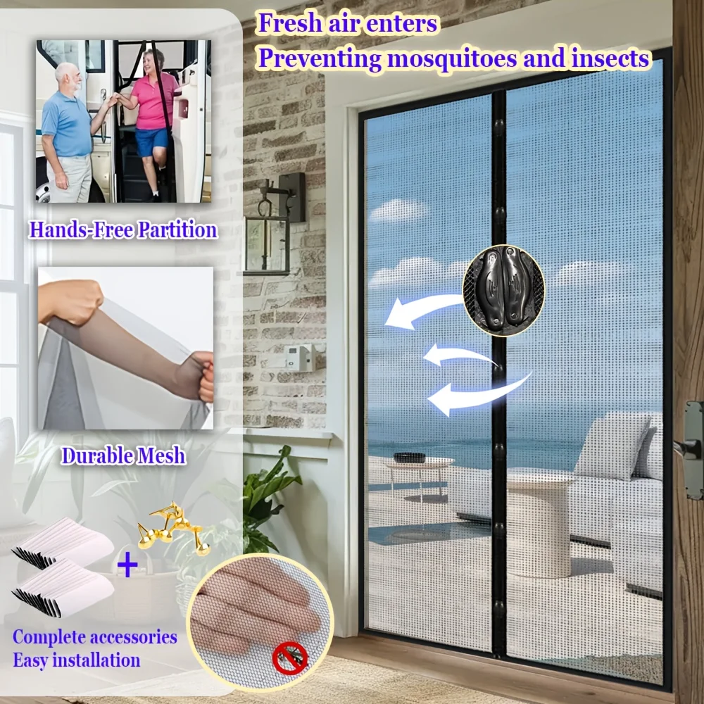 1Pc Summer Invisible Magnetic Screen Door, Black Mesh Auto Closing Curtain,Mosquito Proof Breathable for Bedroom Balcony Kitchen
