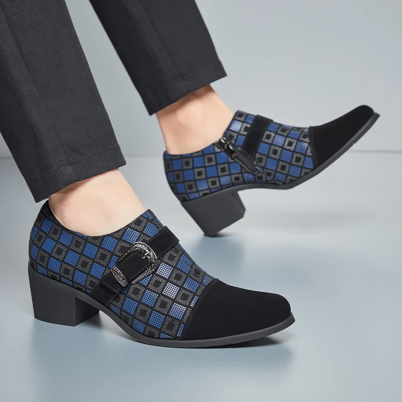 New Retro Checkered Men High Heels with Contrasting Europeanand American Fashion Personality Hosting Wedding Banquet Cuban Shoes