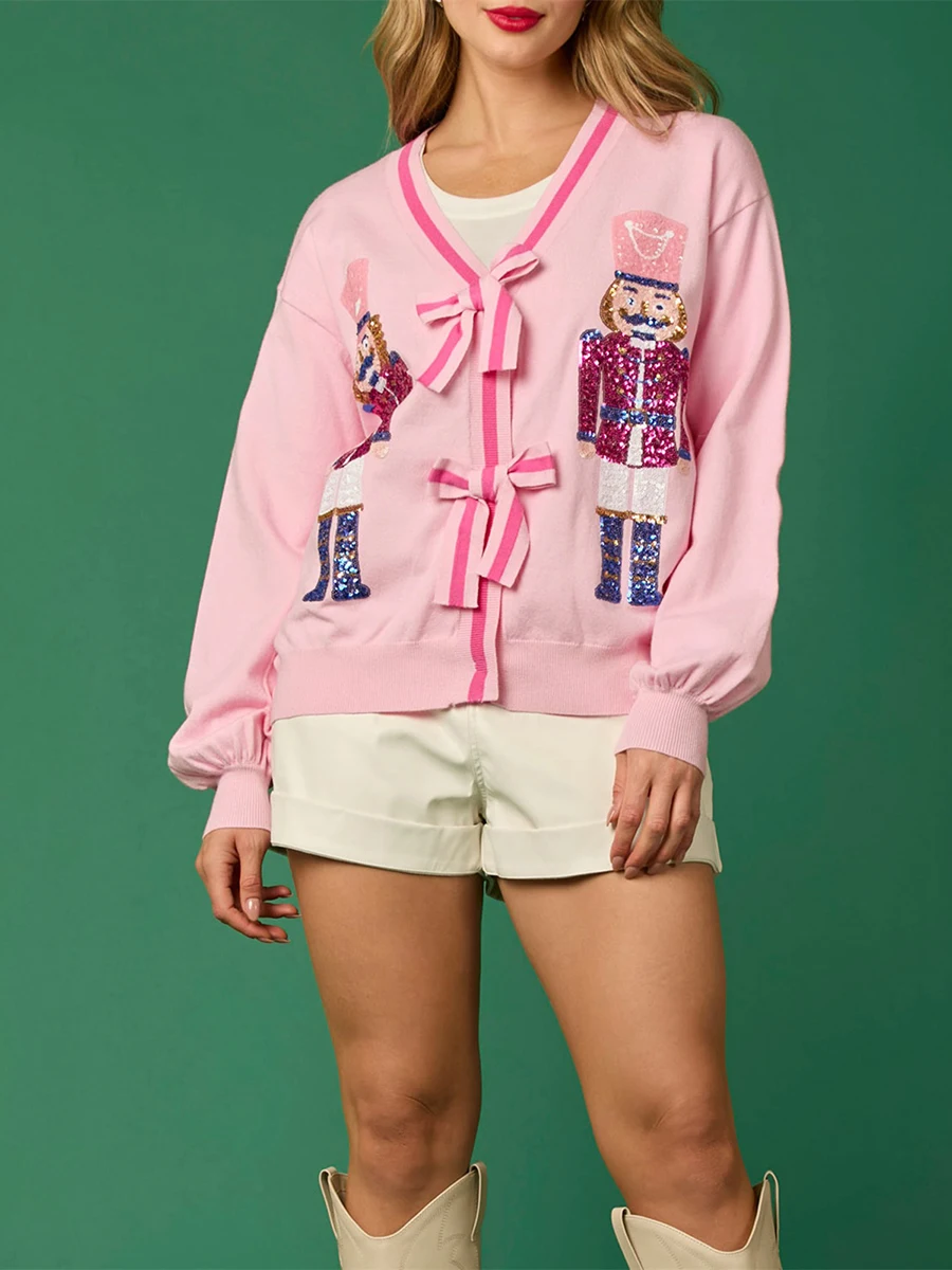 

Women's Vintage Christmas Cardigan Sweater Glitter Sequin Nutcracker Pattern Long Sleeve V Neck Bow Button Down Knitwear Outwear