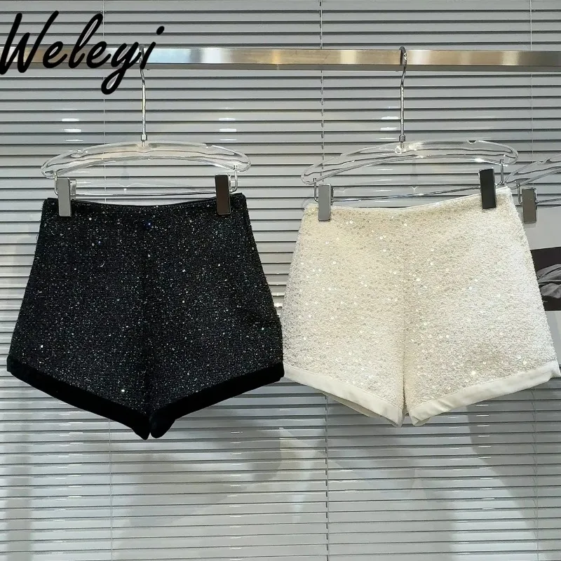 Winter Velvet Edge Sequined Tweed Shorts Office Ladies 2024 Autumn New Elegant Socialite Natural Waist Three-point Shorts Woman