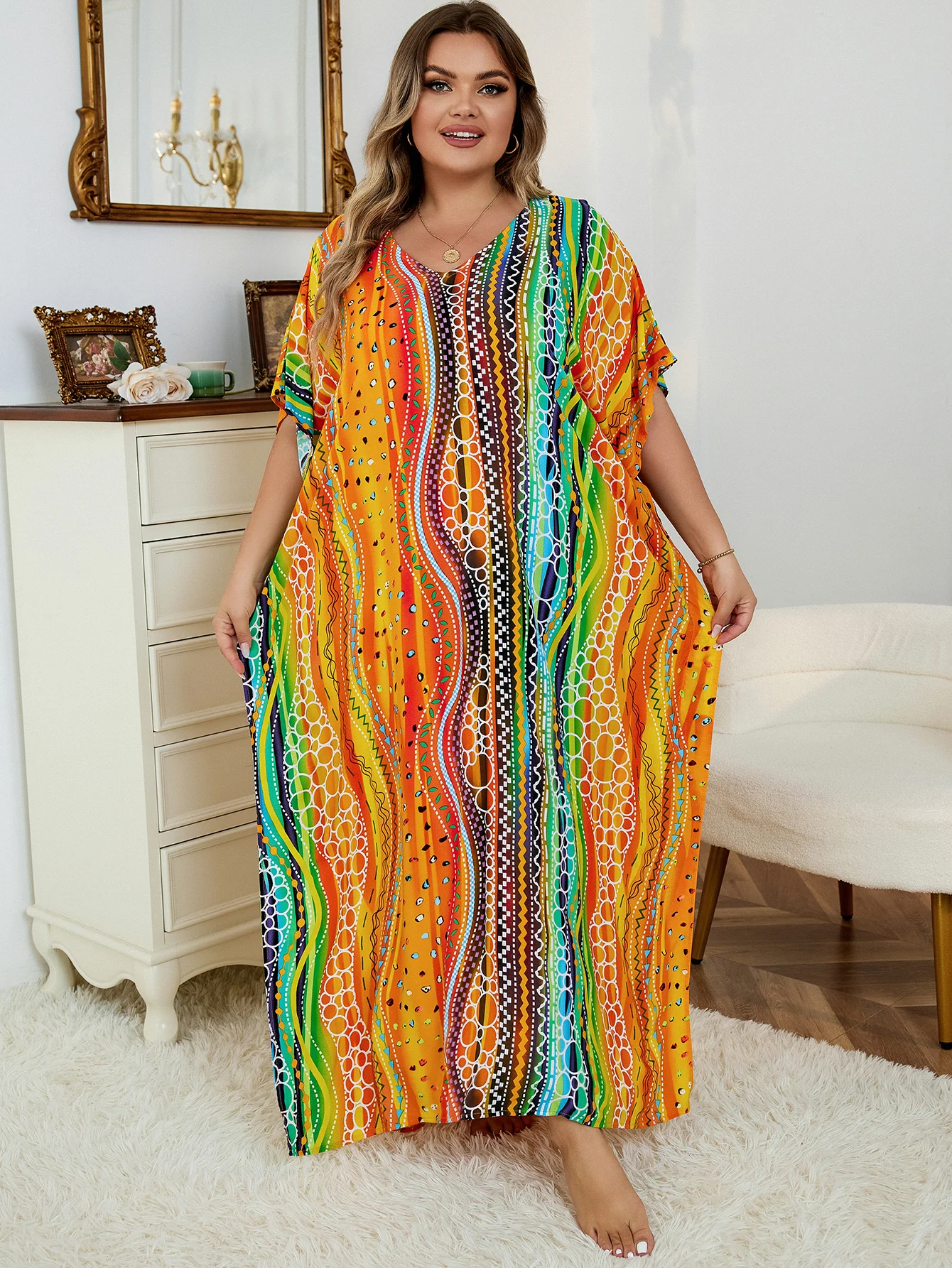 2024 Boho Printed Kaftan Casual Summer Clothing Women Plus Size V-Neck Batwing Sleeve Beach Wear Maxi Dress Robe Sarong Q1476