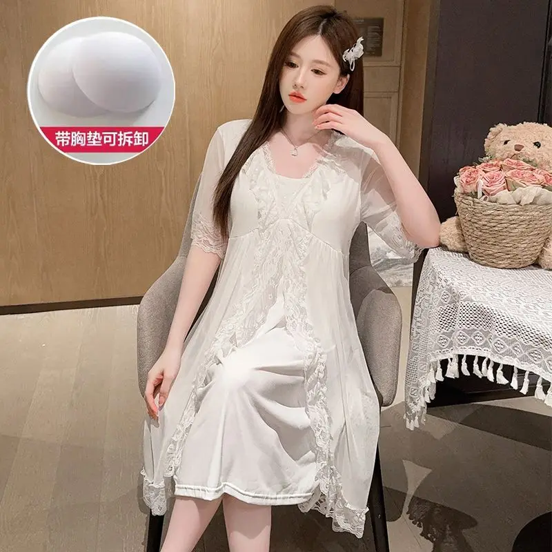 2024 Summer Cotton Short Sleeve Sexy Lace V-neck Lingerie Nightgowns for Women Cute Sleepwear Night Dress Nightdress Home Nighty 4