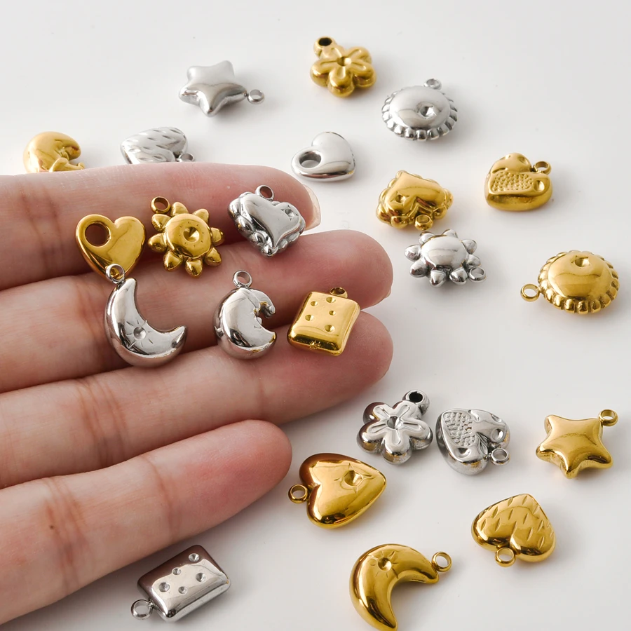 10Pcs Simple 3D Stereo Stainless Steel Charm Assorted Pendant Heart Star Flower Pendant DIY Bracelet Necklace Making Findings