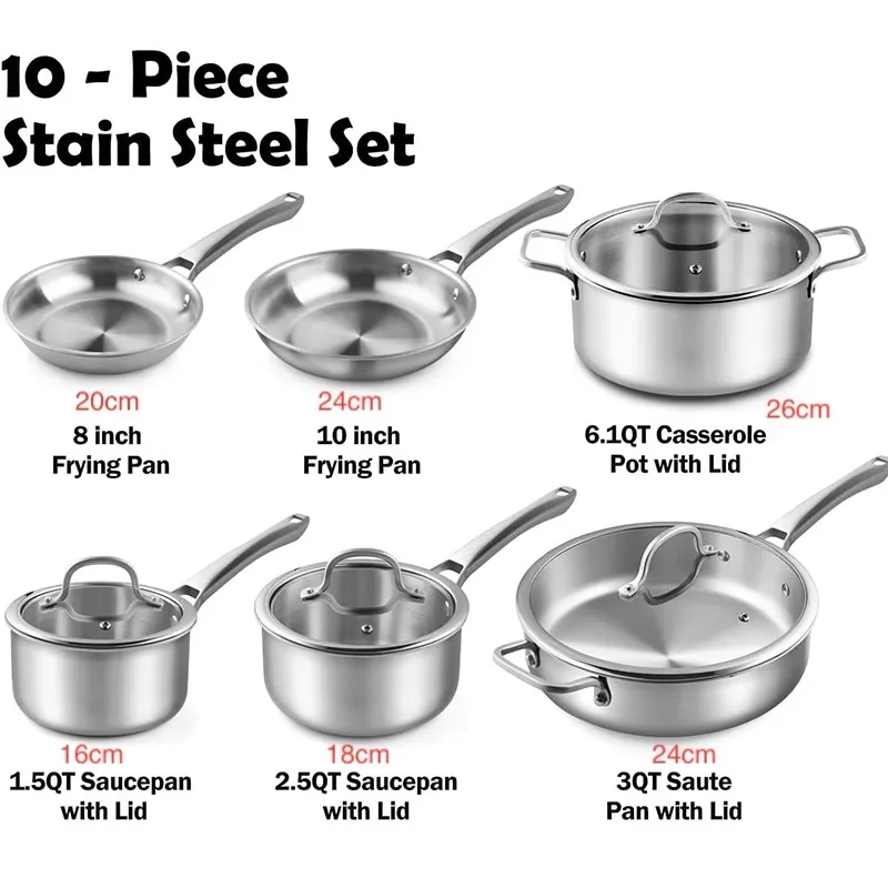 

Доступное производство, высококачественные гибридные наборы посуды из нержавеющей стали, модные 17 шт., серебряные наборы сковородок с антипригарным покрытием