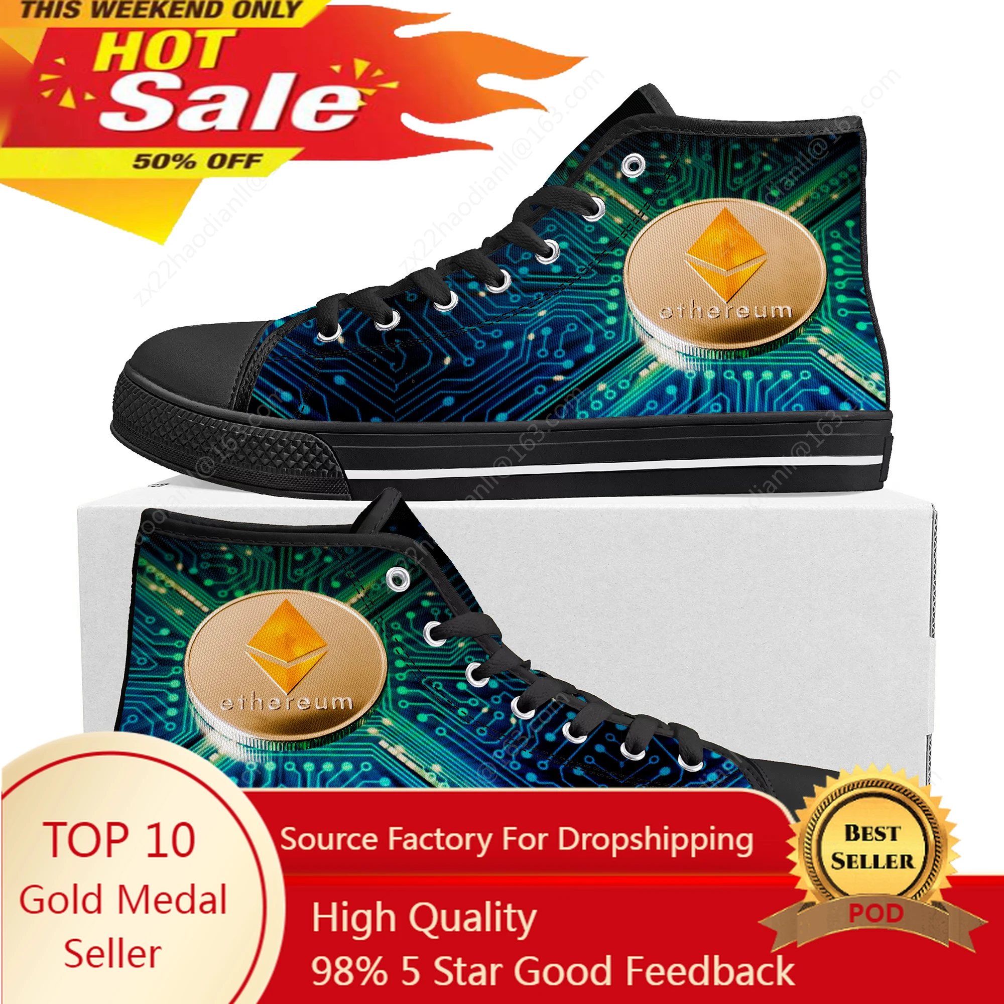 

Hot Ethereum Cryptocurrency Miner ETH Coin High Top Sneakers Mens Womens Teenager Canvas Sneaker Casual Couple Shoes Custom Shoe