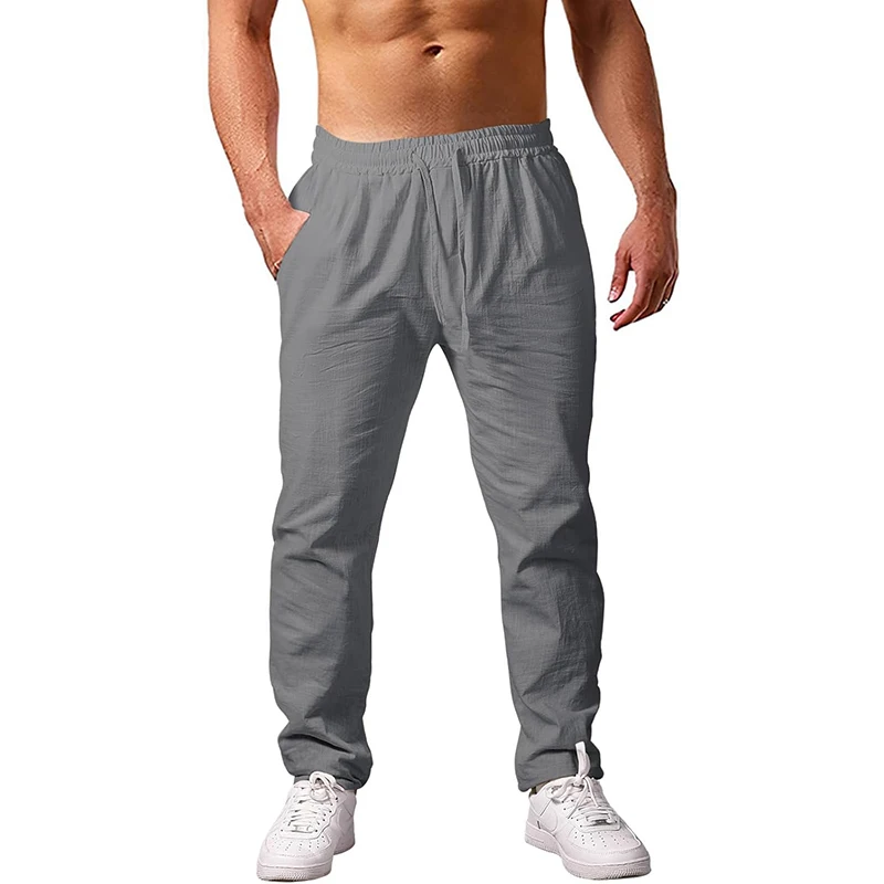 New Men\'s Lightweight Long Pants Summer Loose Fit Trousers for Holidays Breathable Linen Streetwear Men Fitness Sweatpants