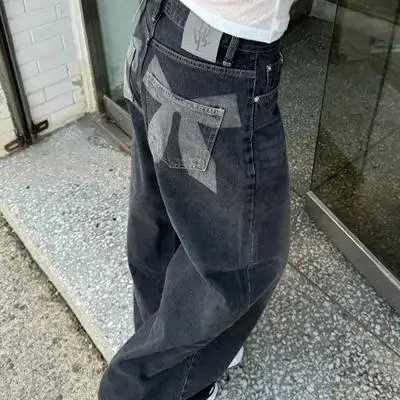 

Exclusive pe Loose Straight Leg Denim Jeans Knot Print Ba ket High Waist Long Pants Personali Women's Faion