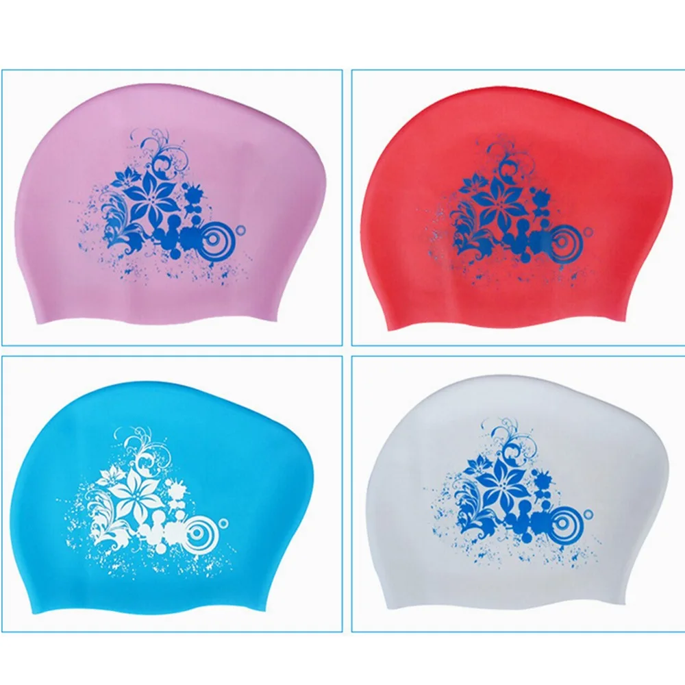 Bonnet de bain en silicone imperméable pour femme, bonnet de piscine, protection des oreilles, imprimé floral, chapeau de plongée, cheveux longs, grande taille, mode