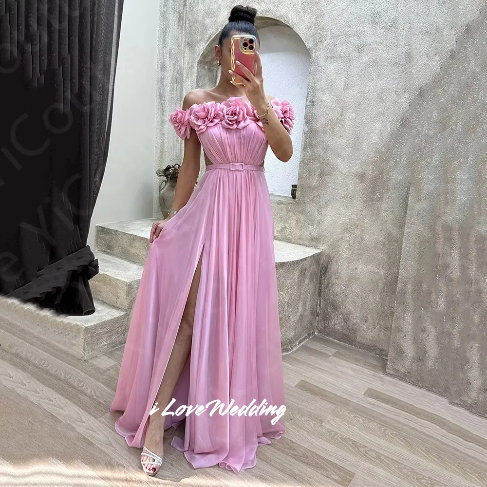 

Розовые платья для выпускного вечера с 3D цветами, без бретелек, с поясом по бокам, трапециевидной формы, с открытыми плечами, халаты длиной до пола, плиссированные, современные, по индивидуальному заказу