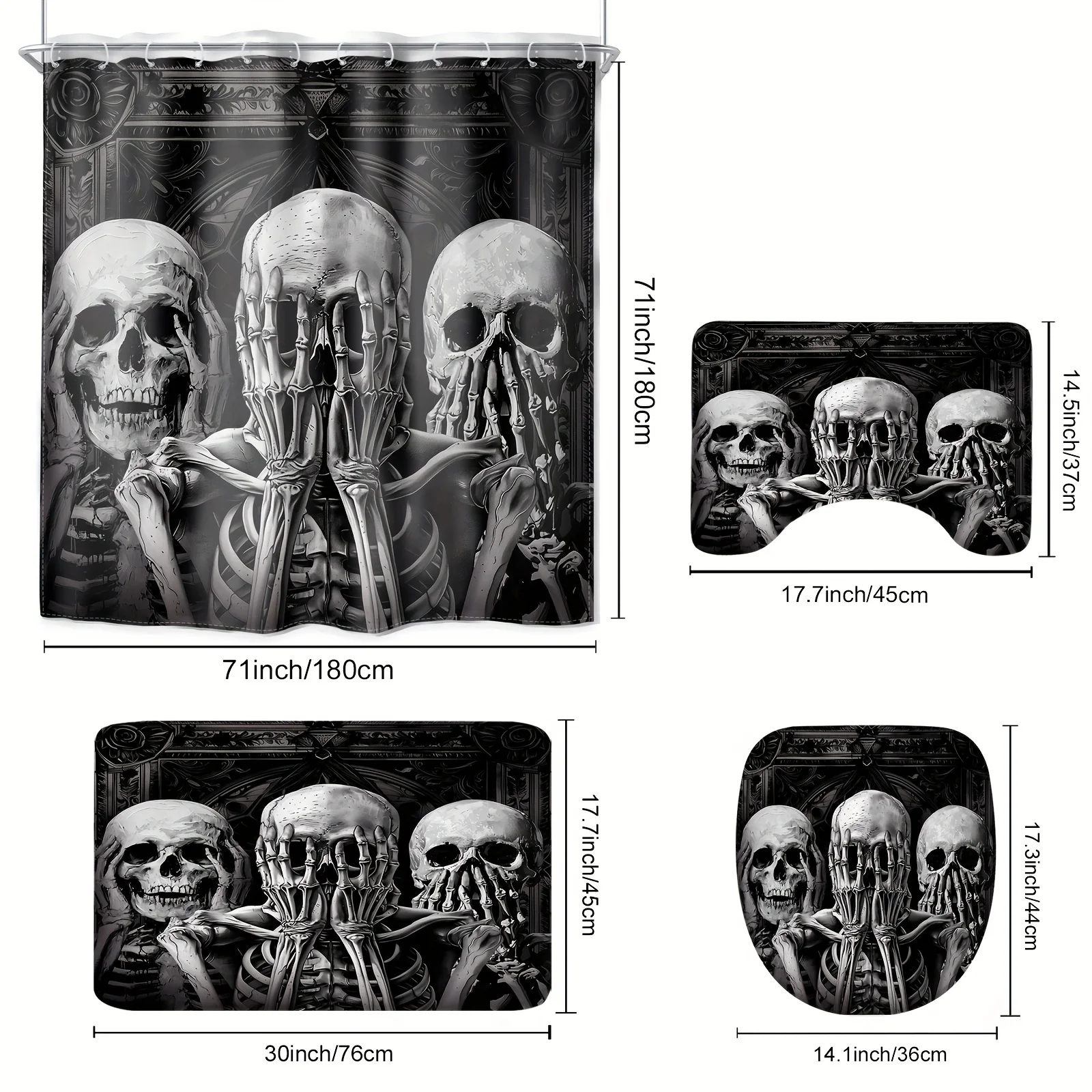 4pc Funny Skull Shower Curtain Set, Gothic Spooky Skeleton Design, Home Bathroom Decor, 12 Hooks Included