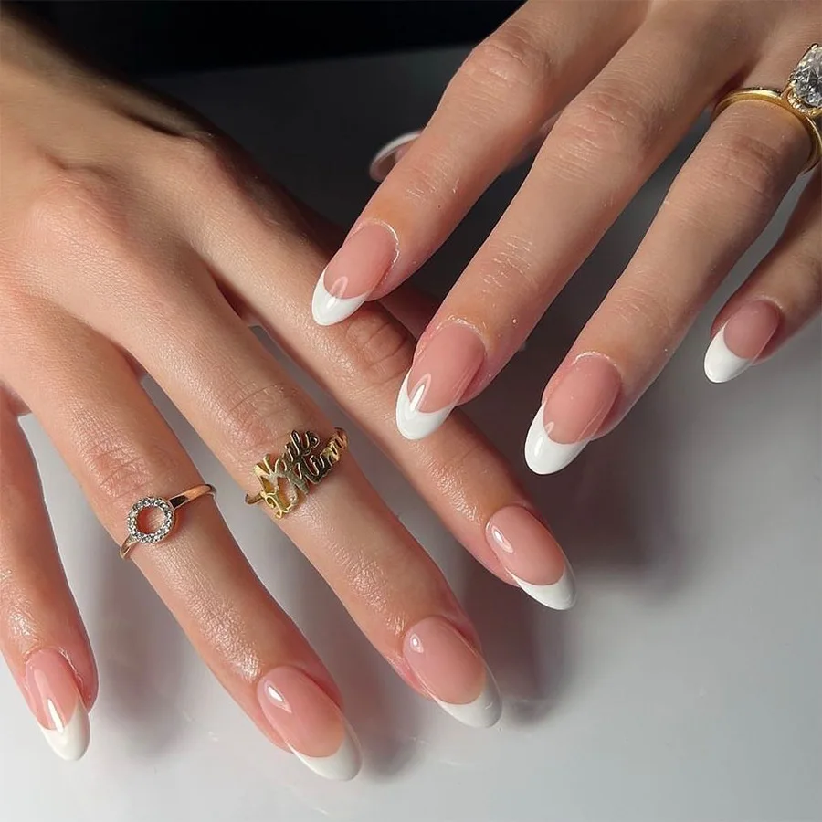 24Pcs Short Sheer Almond False Nails with Glue Silver French Press on Acrylic Nail Simple Sweet Cool Wearable Nail Manicure Tips image 5