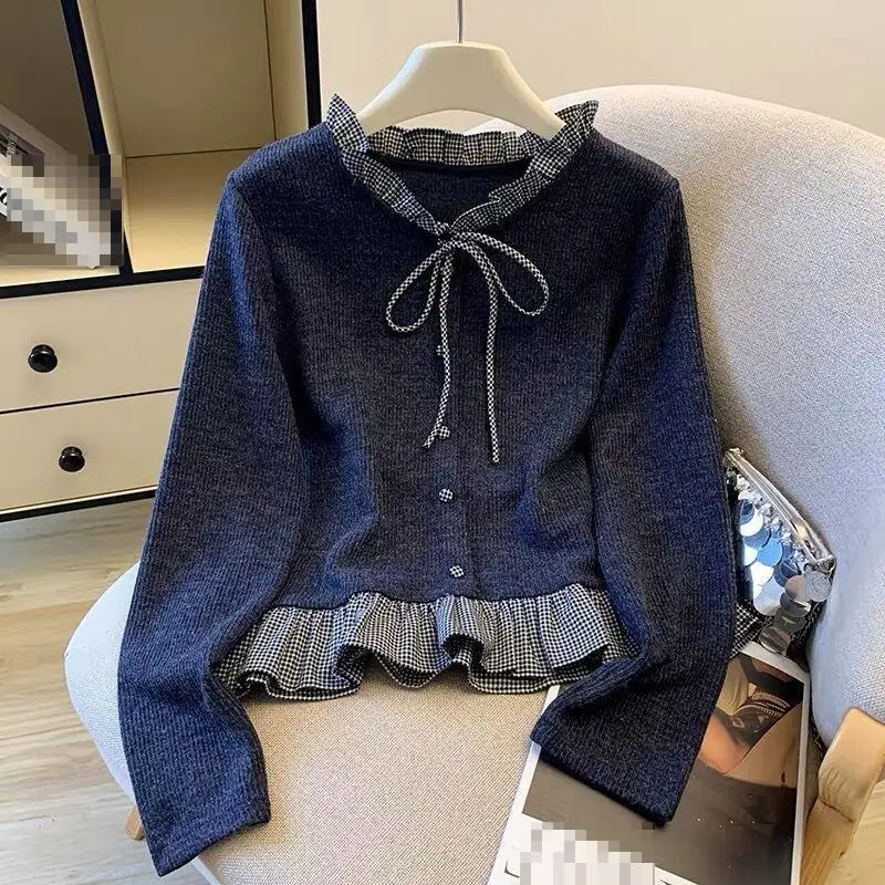Women's Ruffled Lace Up Long Sleeved Base Shirt Spring Autumn New Style Spicy Girl Loose Short T-Shirt Women's Sweet French Tops