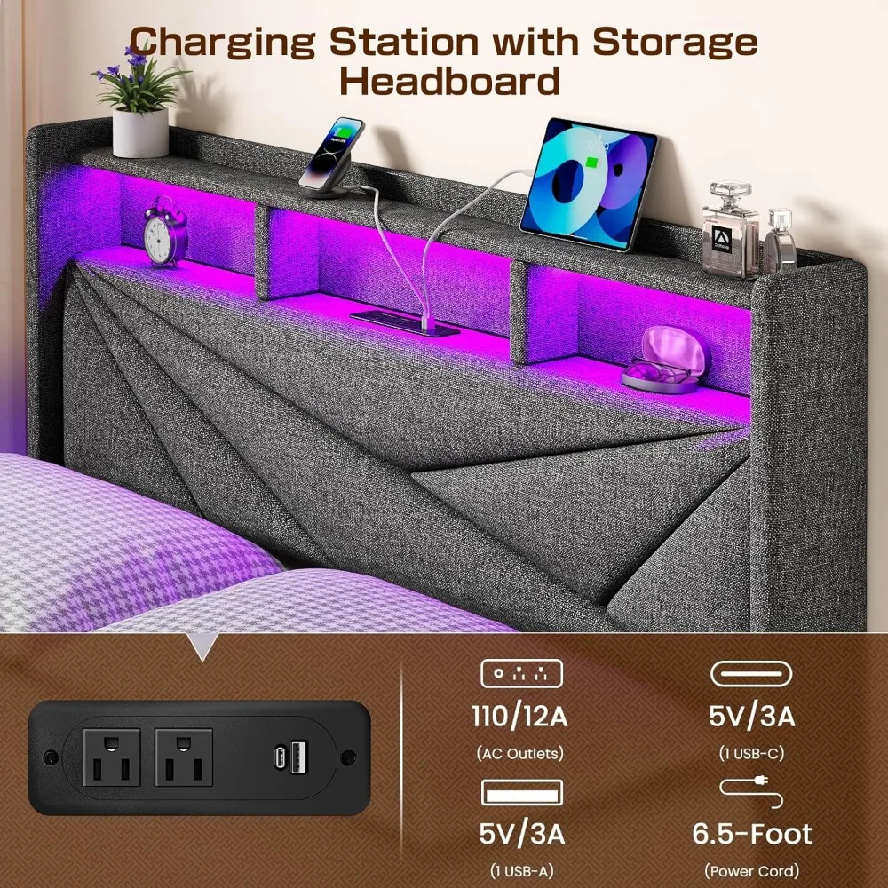 إطار سرير منجد بحجم كوين مع 4 أدراج تخزين ولوح رأسي بإضاءة LED ومحطة شحن