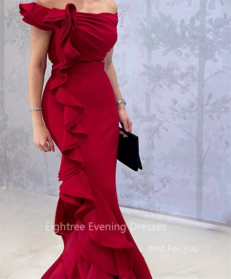 Eightree Red Mermaid Strpless Arabic Evening Dresses Ruffles Off Shoulder Sleeveless Dubai Long Formal Party Dress Prom Gowns