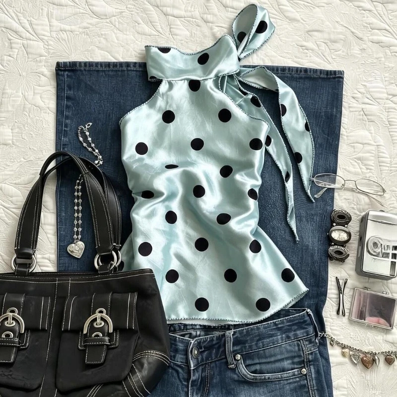 Y2k Vintage Mintgrünes Polka-Dot-Print-Trägertop für Damen, Lässiges Amerikanisches 2000er Ärmelloses Oberteil, Elegantes Sommer-Top mit Bandverzierung