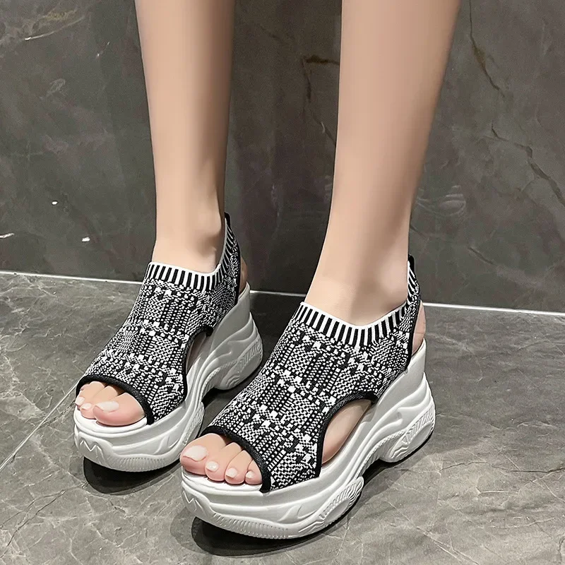 Women\'s Sandals 2024 Summer Wedge Heel Elastic Cloth Cover Foot Ladies Sandals Thick-soled Fashion Trifle Elevation Casual Shoes