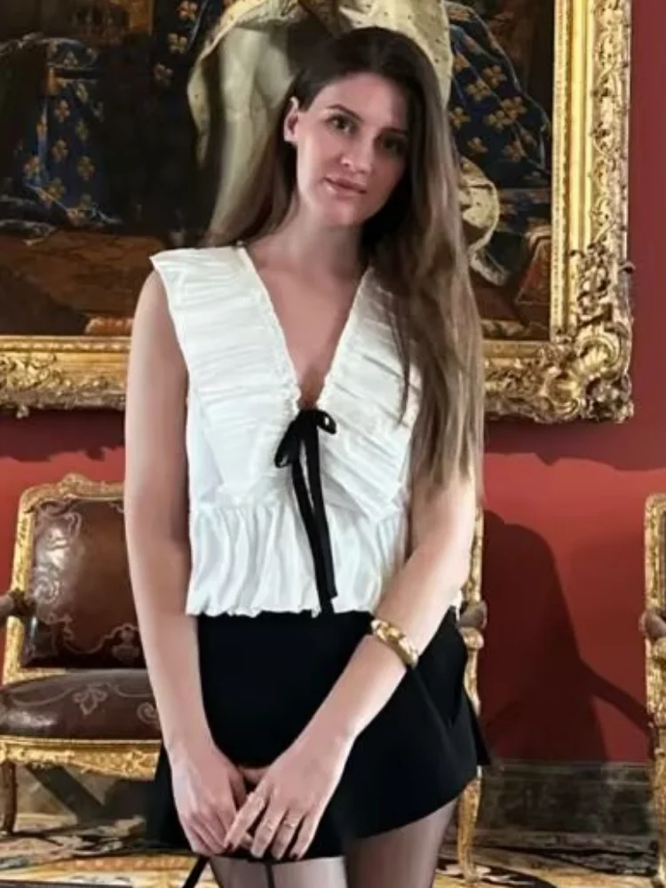 Ruffle V-neck Peplum Top Women White Sleeveless Contrast Bow Tie Front Tops 2026 Spring Elegant Casual Sweetheart Blouses