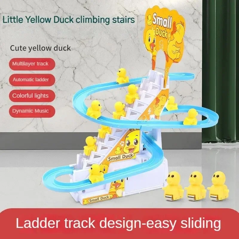 DIY Rail Racing Track Electric Small Duck Climbing Stairs Toy Pig Action Figures Toys Music Roller Coaster Toy For Kids Gift