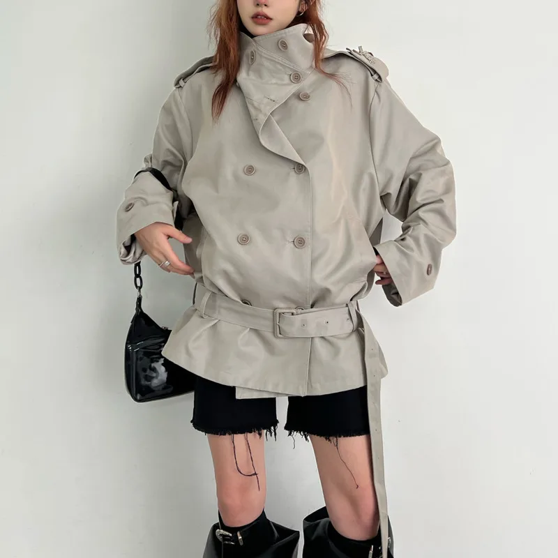 HKSH ربيع الخريف جديد المرأة خندق معطف مزدوجة الصدر الوقوف طوق حزام الخصر Cinching خمر سترة قصيرة أنيقة HK14436