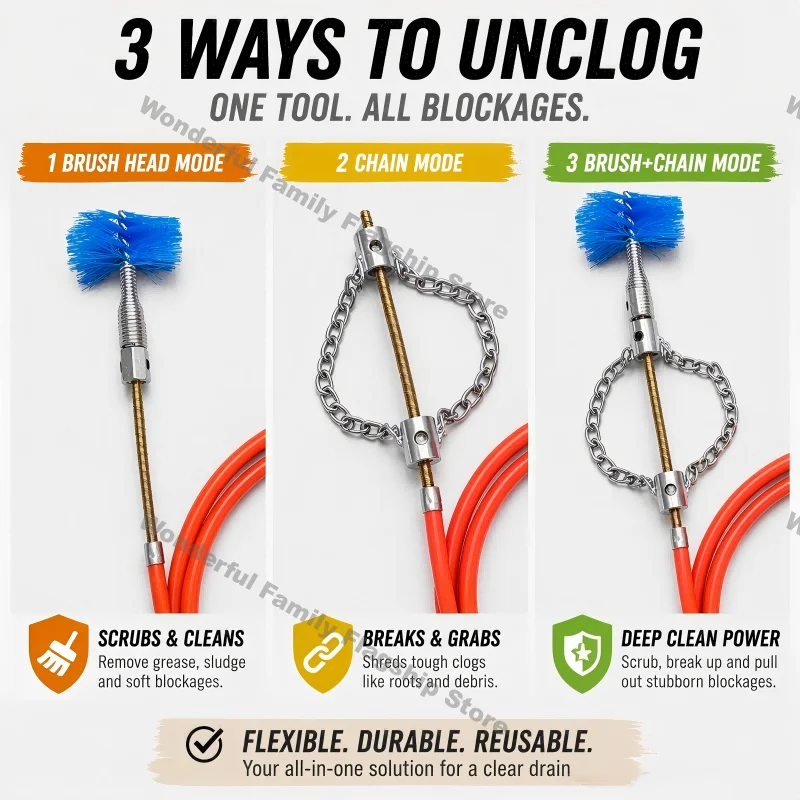 Flexible Drain Snake Auger Tool Set - 65Mn Spring Steel Hex Shank Clog Remover for Sink and Sewer Pipe Unclogging Use