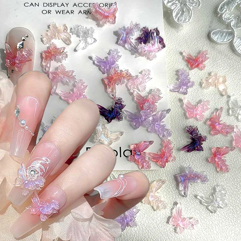 30/40/50pcs Auroras Glitter Butterfly 3D Nail Decorations Pink Purple Ice Translucent Butterfly DIY Manicure Accessories Designs