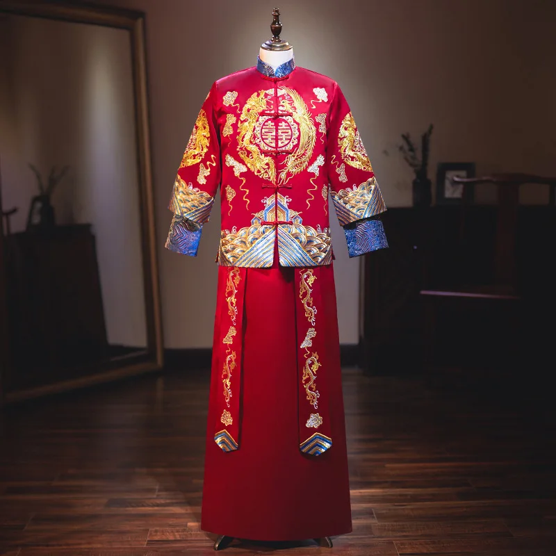 

Xiuhe Clothing Men's Chinese Dress Sets Tang Suit Wedding Toast Dress Dragon and Phoenix Traditional Mandarin Gown Kimono Groom