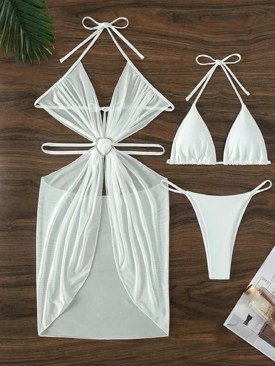 3 Piece Lace Up Triangle Bikini 2024 Women Hollow Out Swimsuit Solid Swimwear Female Bathing Swimming Suit Lady Beachwear Summer