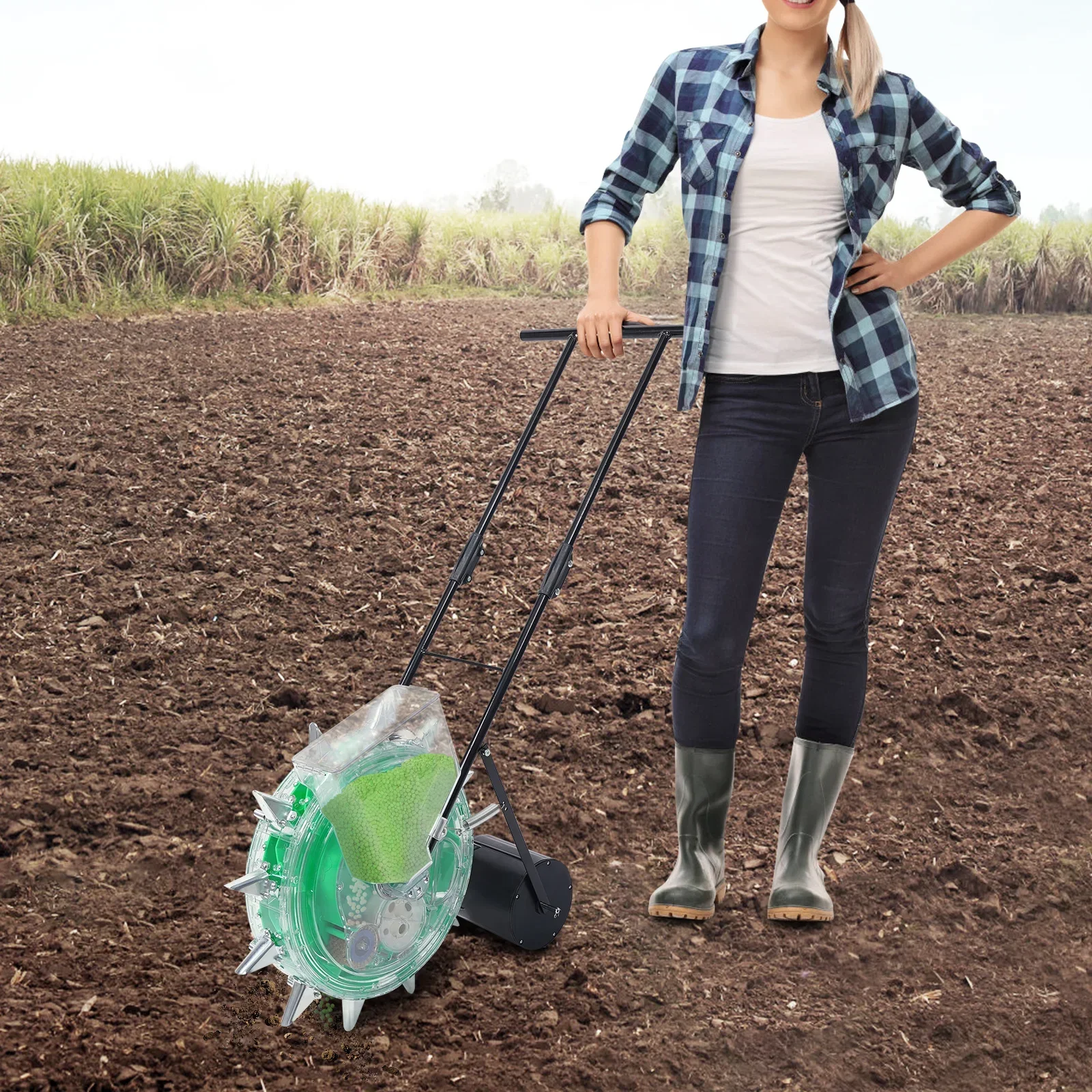 

Ручной садовый сеялка с 12 насадками, большая емкость 8,82 фунта, регулируемое количество семян и глубина для посадки овощей