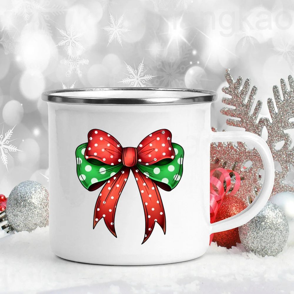 Christmas Vibes Bow Printed Enamel Coffee Mugs Christmas Party Wine Beer Juice Drink Cups Home Kitchen Drinkware Gifts for Her