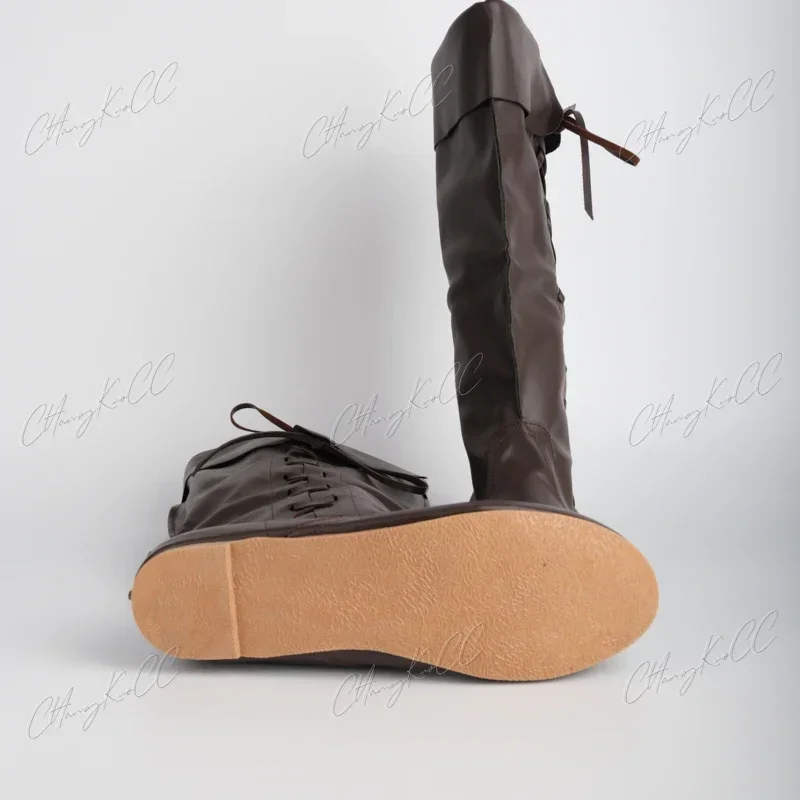 Renaissance mittelalter liche Cosplay Gothic Punk Wikinger Piraten Requisiten Schuhe Leder Ritter hohe Stiefel Männer Frauen Paladin Kostüm Hexer