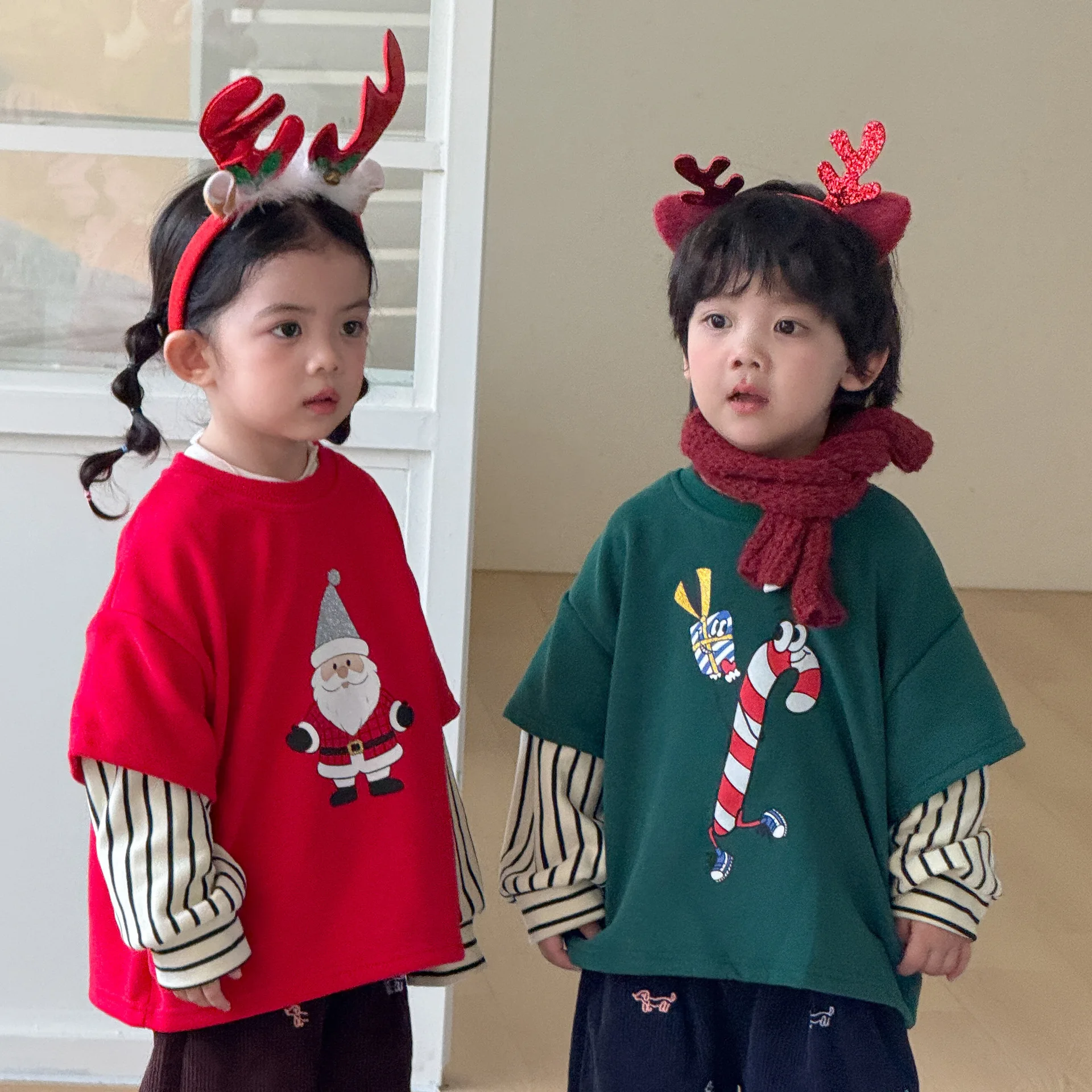 Christmas Children's Hoodie Fake Two-piece Striped Loose Fitting 2026 New Spring and Autumn Baby Long Sleeved Top